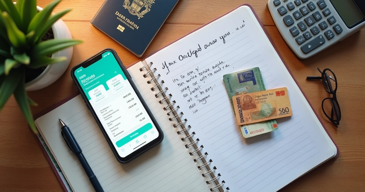 Mesa com celular, cartão e planejamento financeiro de viagem 