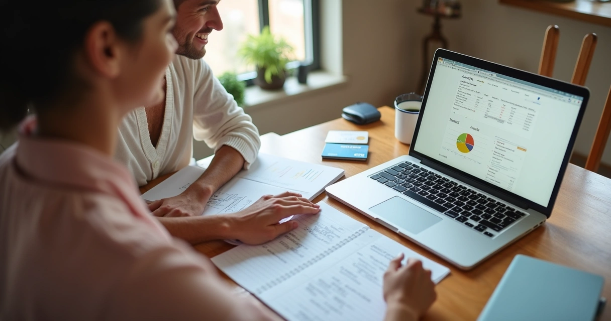 Casal planejando despesas do casamento com cartões e app no notebook 