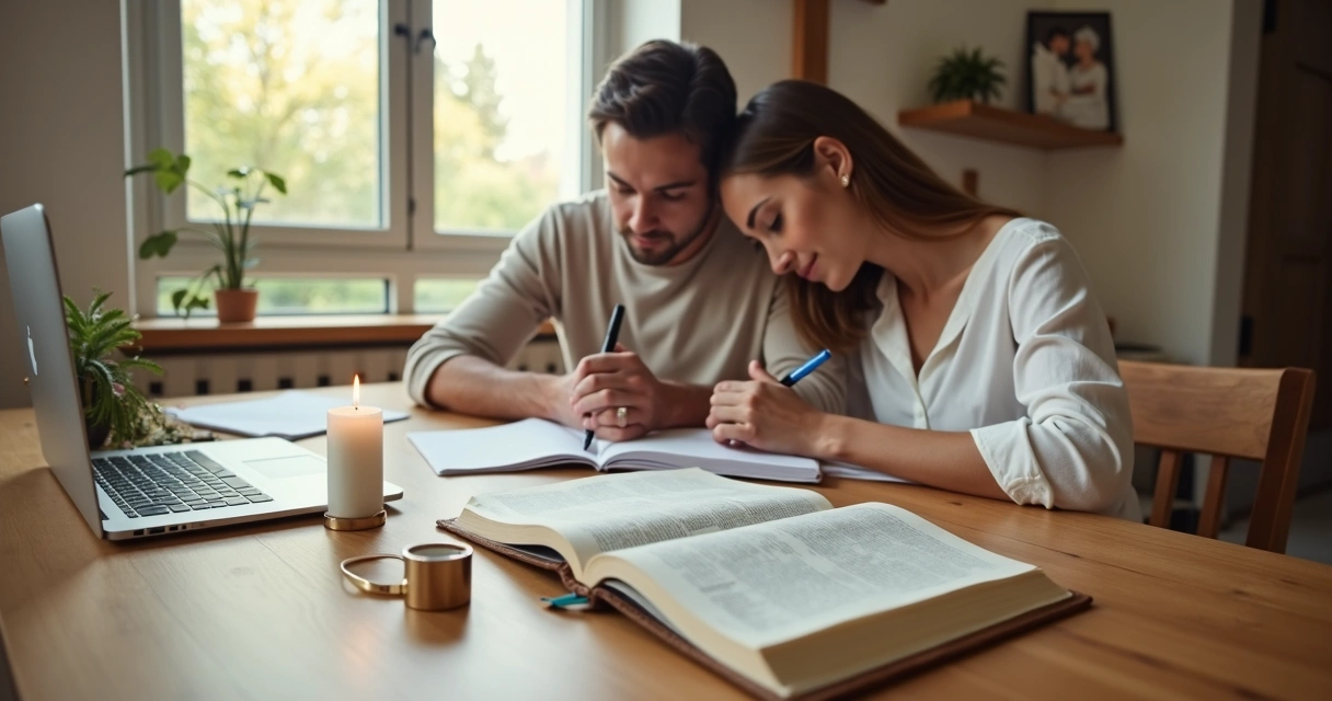Casal cristão planejando casamento com Bíblia e agenda sobre a mesa 