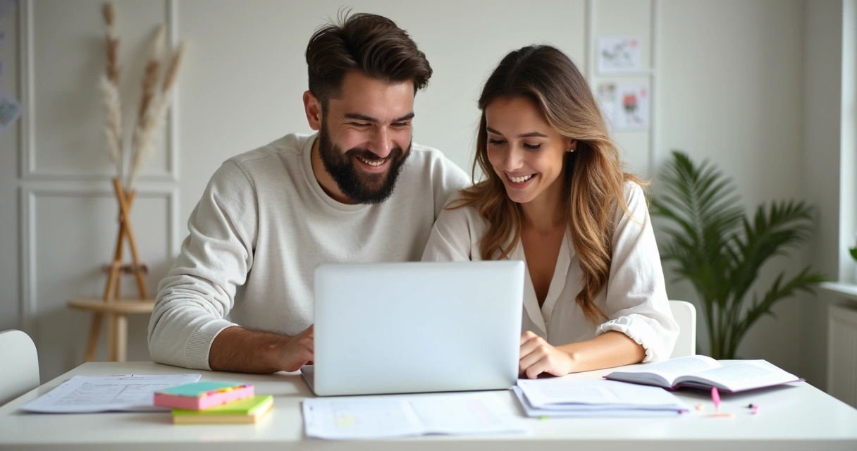 Noivos organizando lista de casamento juntos 