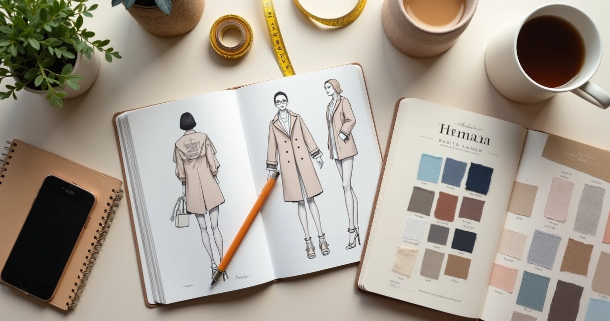 Moodboard e planejamento de catálogo de moda em mesa de trabalho 