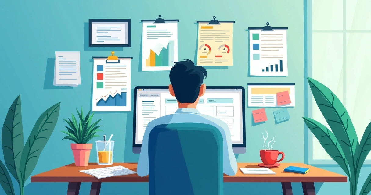 Pessoa escrevendo um plano para catálogo digital, com anotações e notebook em uma mesa. 