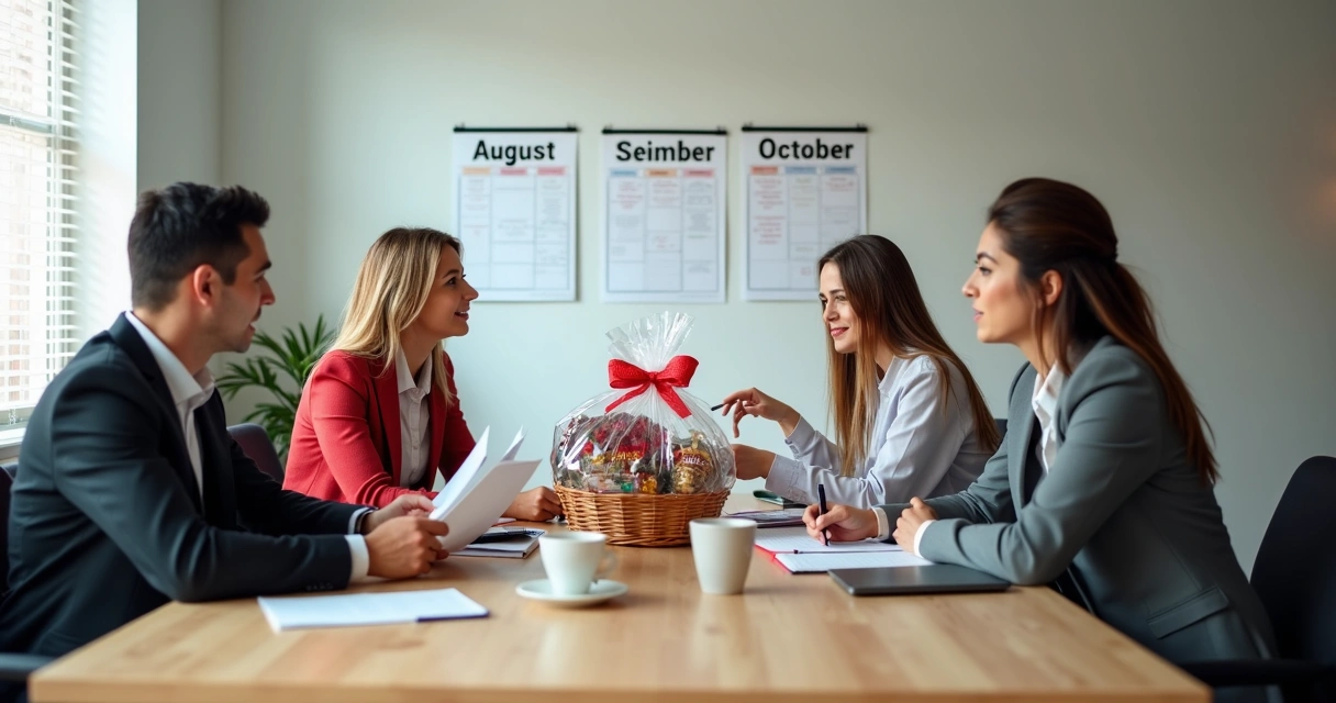 Equipe reunida planejando cestas de Natal corporativas em escritório 