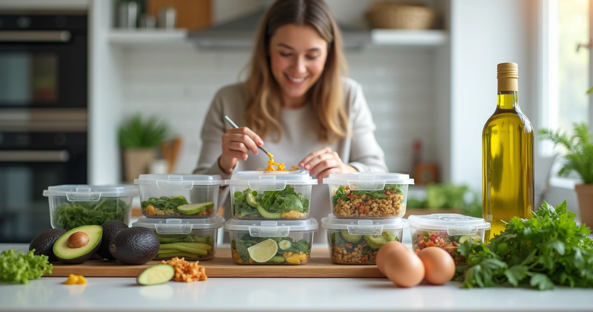 Pessoa organizando refeições cetogênicas na cozinha 