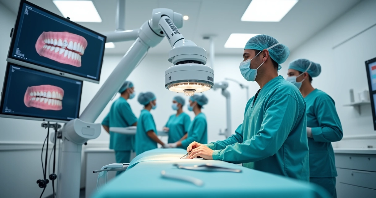 Cirurgião dentista opera com ajuda de robô em centro cirúrgico 