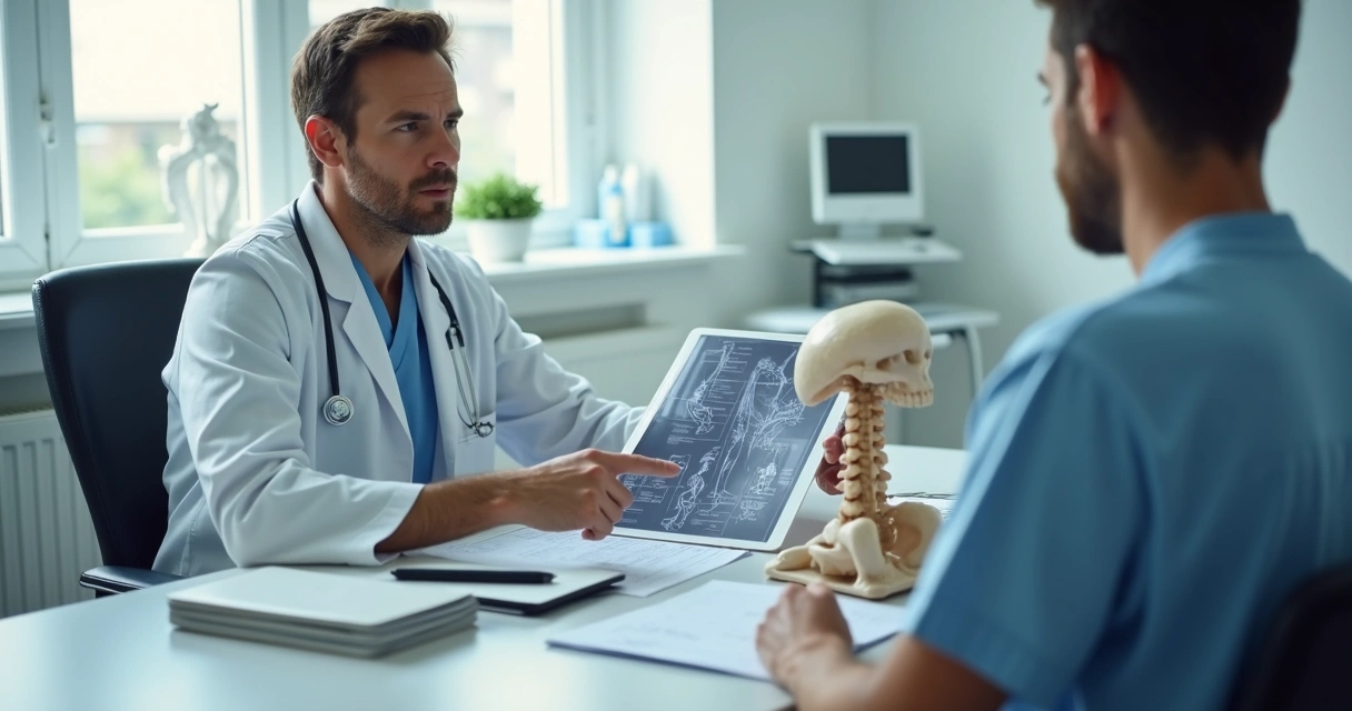 Médico analisando exames e planejamento cirúrgico em consultório 