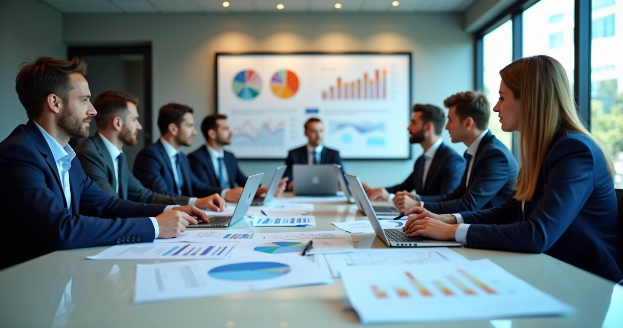 Profissionais reunidos analisando documentos financeiros e gráficos de desempenho.