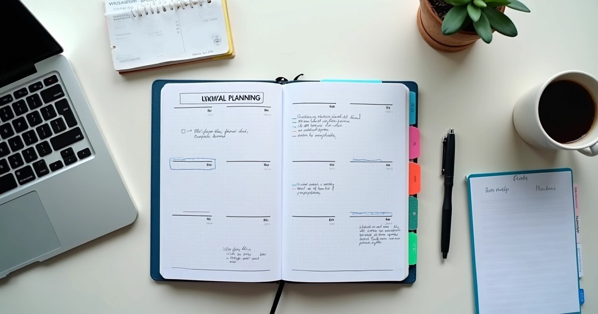 Caderno de planejamento clínico com calendário e anotações na mesa