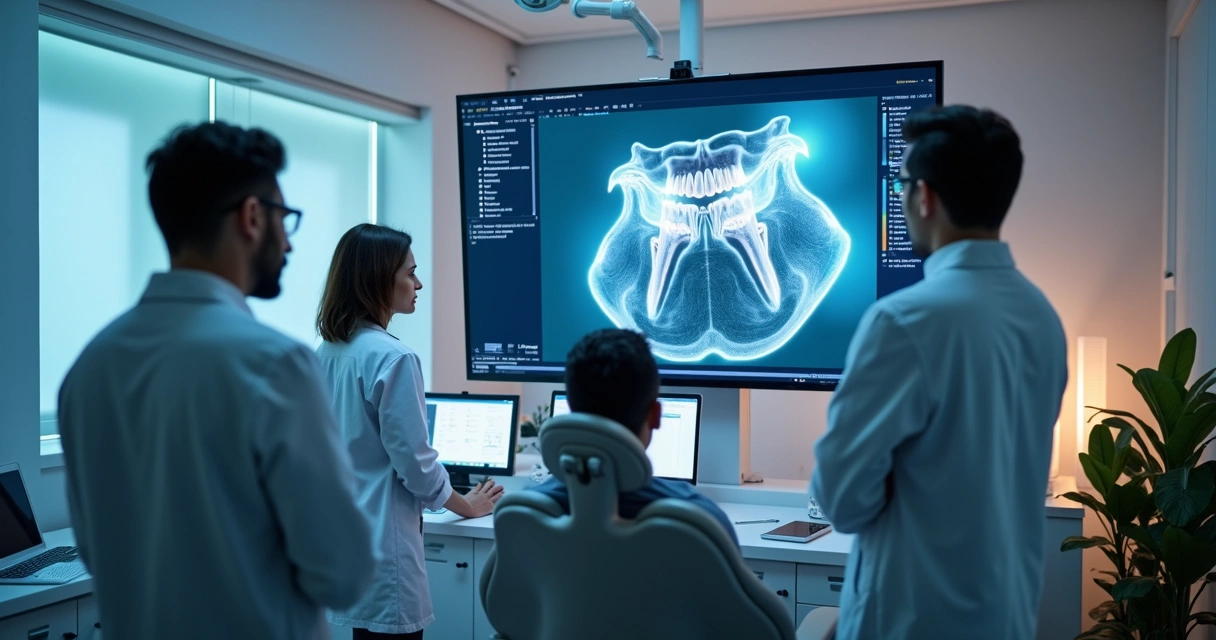 Equipe odontológica analisando exame digital em consultório moderno