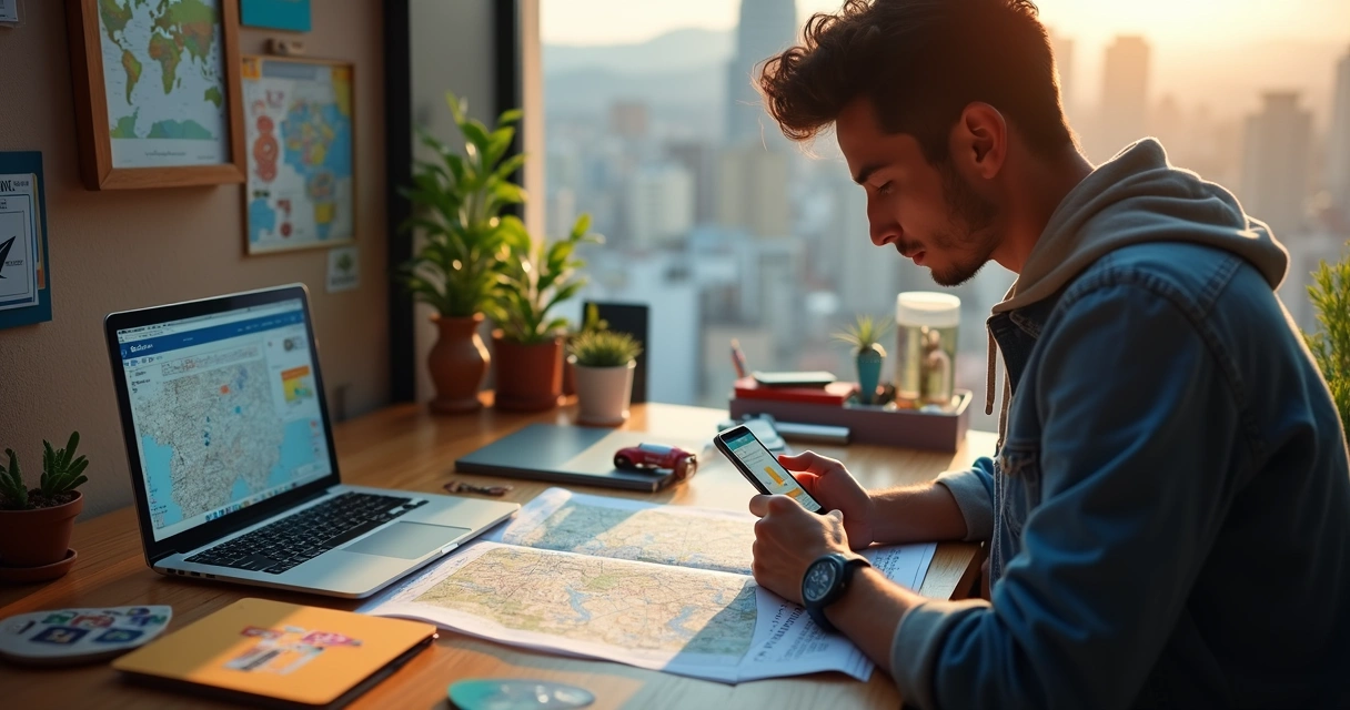 Homem jovem planejando viagem em casa, com mapas e notebook abertos 