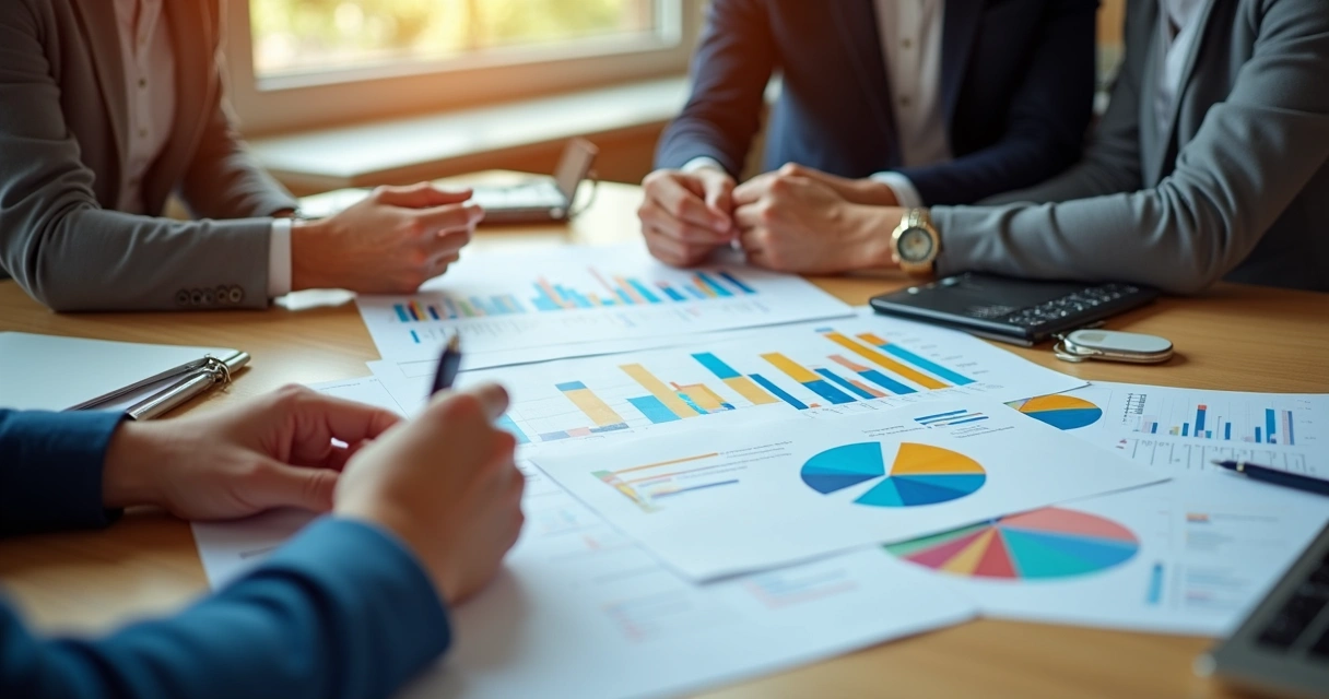 Escritorio con personas analizando gráficos y planificando un club de beneficios