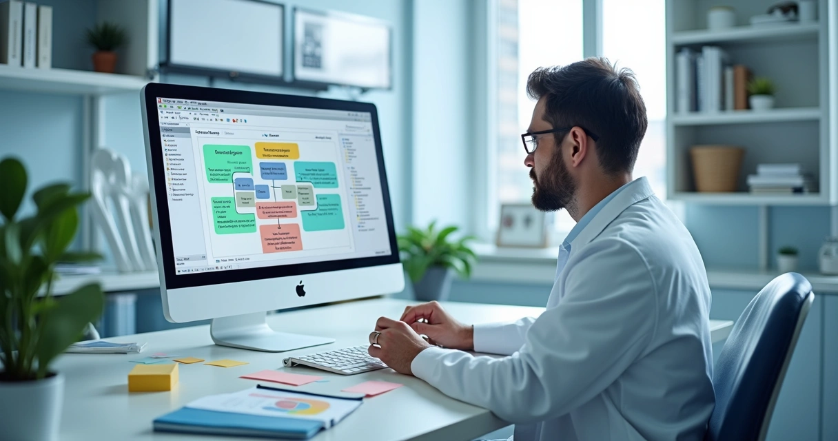 Dentista planeja cluster de conteúdo por procedimento odontológico no computador. 