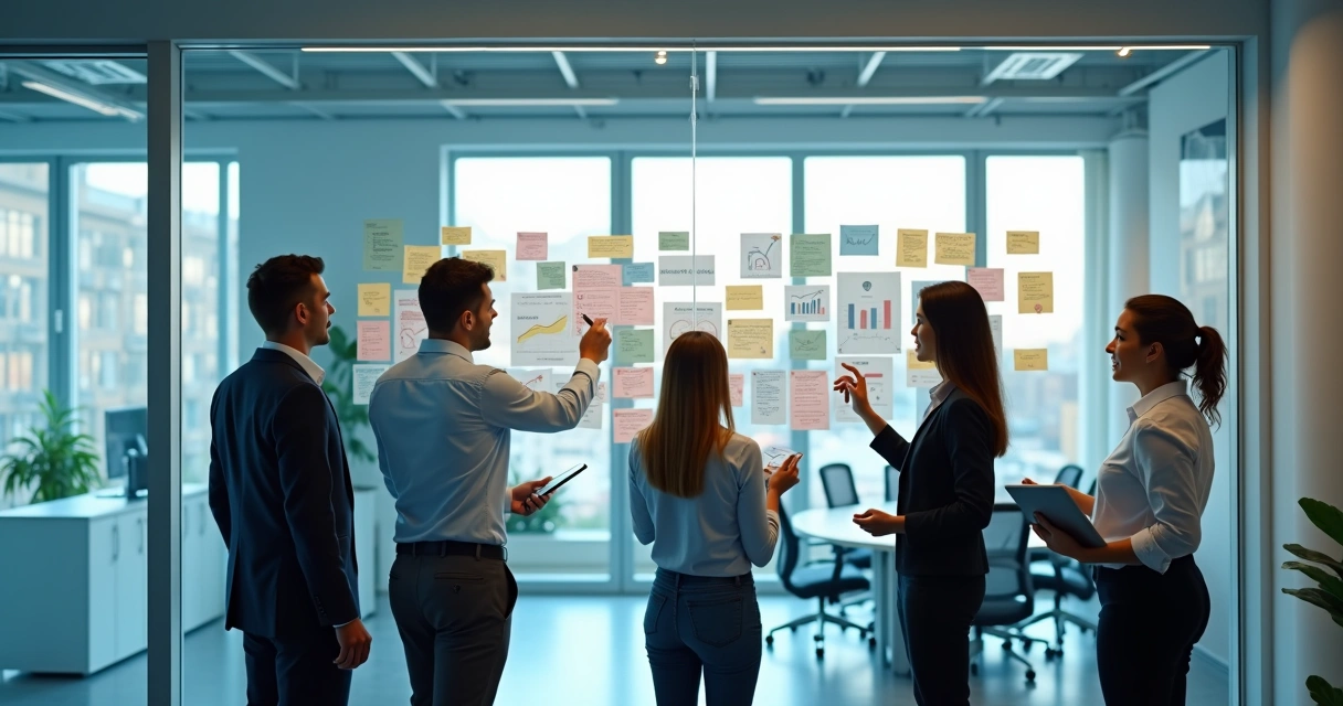 Profissionais organizando ideias em quadro com notas e gráficos 