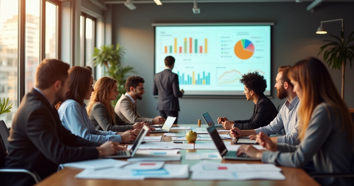 Equipe de empresa reunida ao redor de uma mesa analisando gráficos e tabelas 