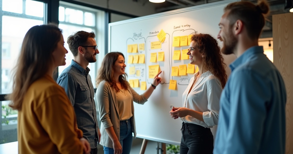Equipe votando em temas em reunião com quadro branco