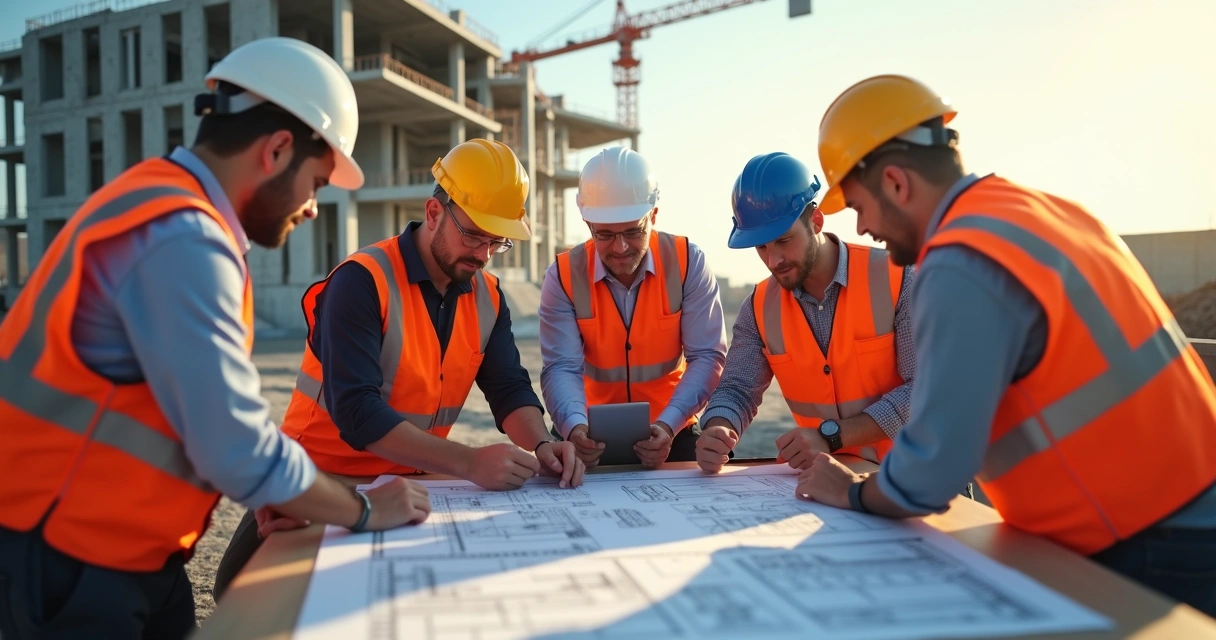 Equipe de profissionais da construção civil discutindo planejamento em canteiro de obras com tablets e pranchetas