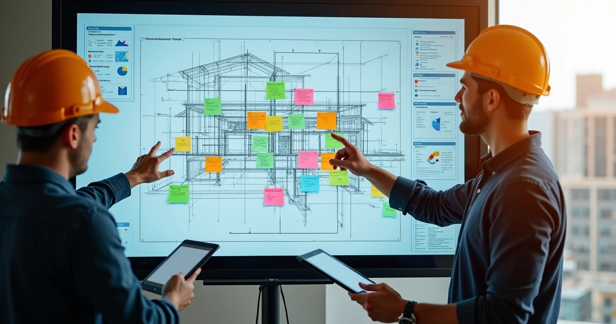 Planejamento colaborativo de obra exibido em quadro digital