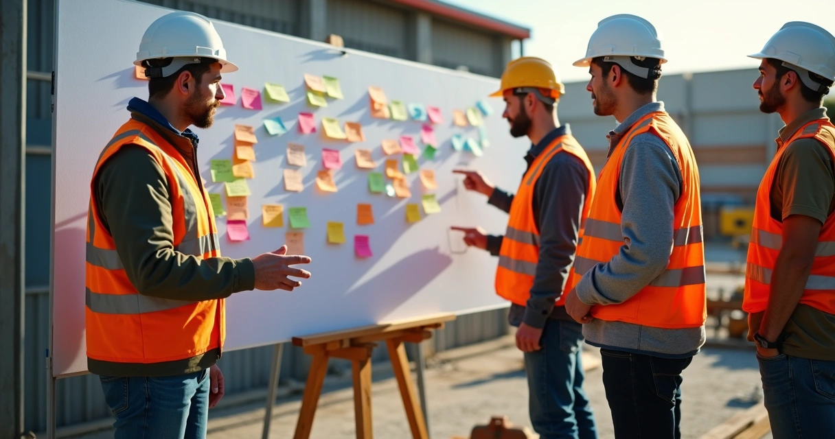 Equipe em obra reunida discutindo planejamento colaborativo com post-its coloridos 