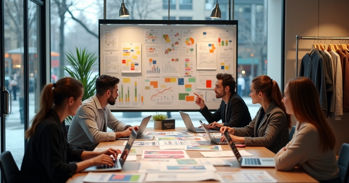 Planejamento de coleção de moda com equipe em reunião e painéis de metas 