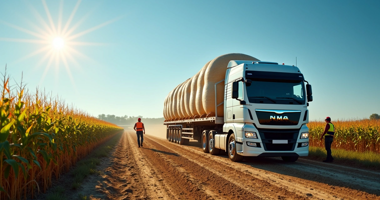 Caminhão carregando milho e soja em área agrícola com trabalhadores organizando logística de transporte 