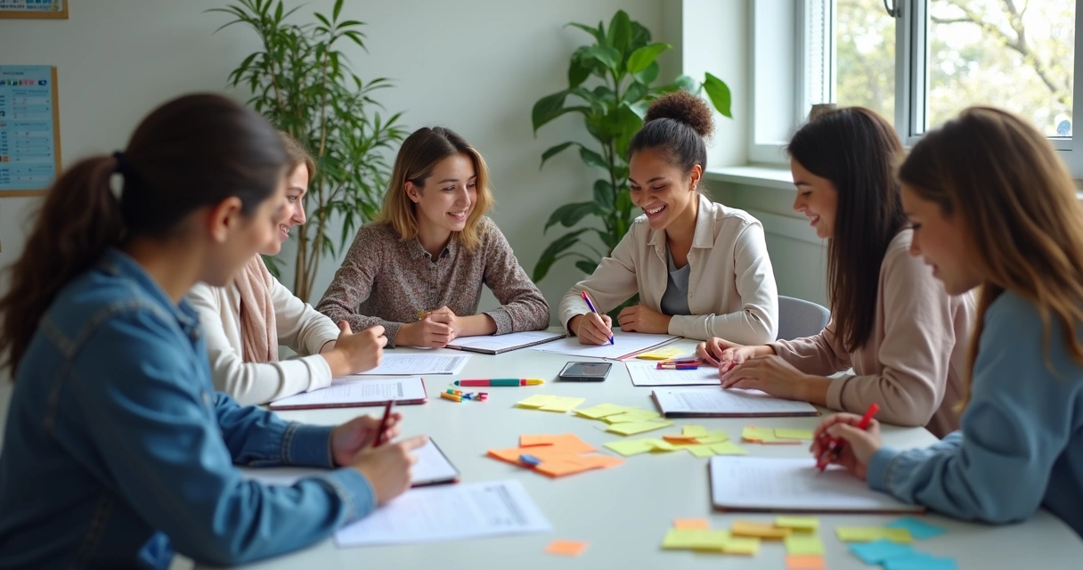 Equipe escolar reunida em planejamento com anotações e materiais