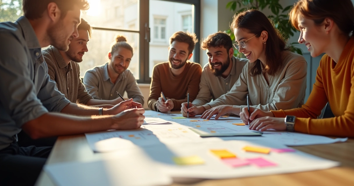 Equipe reunida ao redor de mesa com papéis e laptops