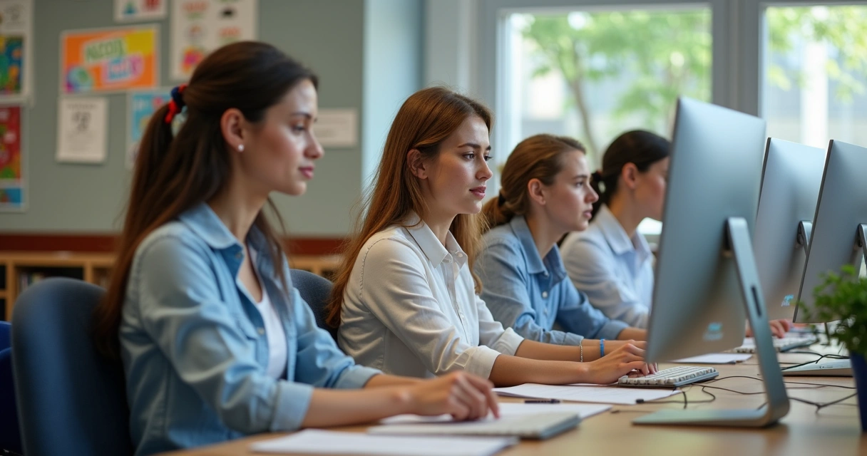 Professores usando computadores para planejar atividades escolares em equipe