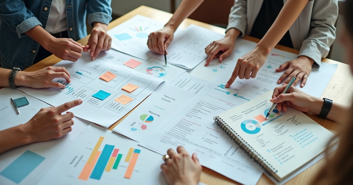 Grupo reunido planejando metas e valores em mesa de trabalho 