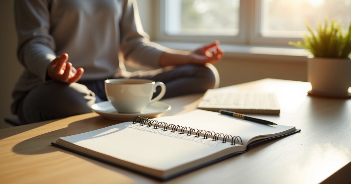 Caderno de metas ao lado de pessoa em meditação na mesa