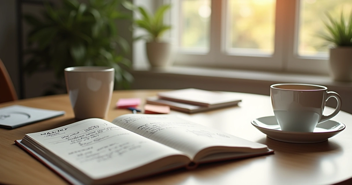Caderno aberto com anotações e uma xícara ao lado, ambiente acolhedor 