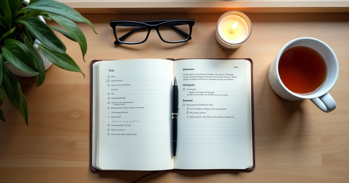 Caderno aberto com metas e objeto simbólico sobre a mesa
