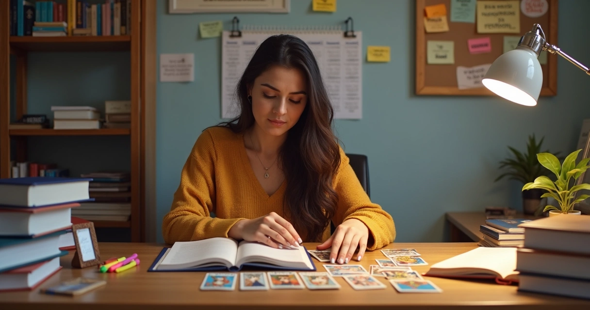 Pessoa planejando metas mensais com cartas de tarot e cadernos ao redor 