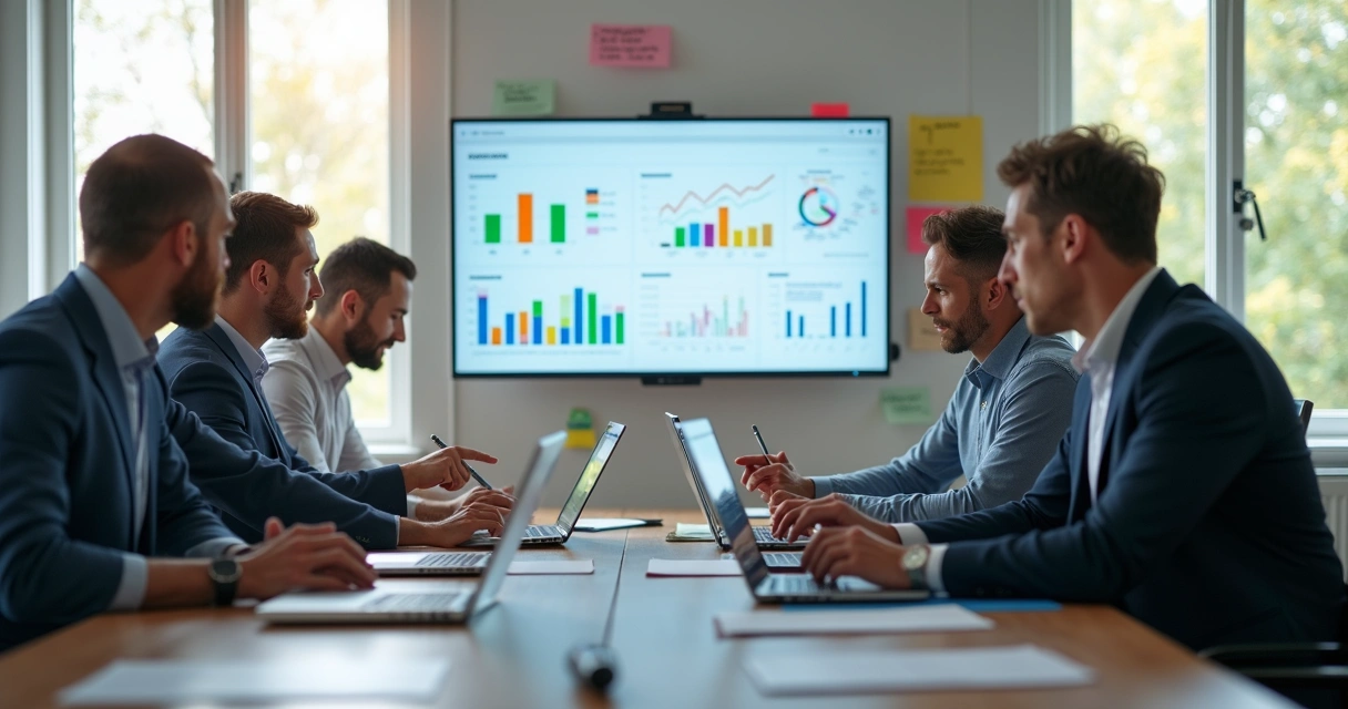 Equipe de donos de agências digitais em reunião estratégica com gráficos e laptops à frente, alinhando planejamento comercial e vendas para crescimento sustentável 