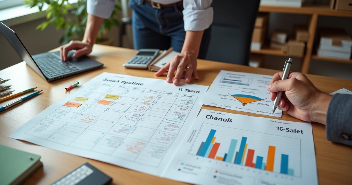 Gestor de PME montando mapa anual de vendas com calendario e graficos na mesa 