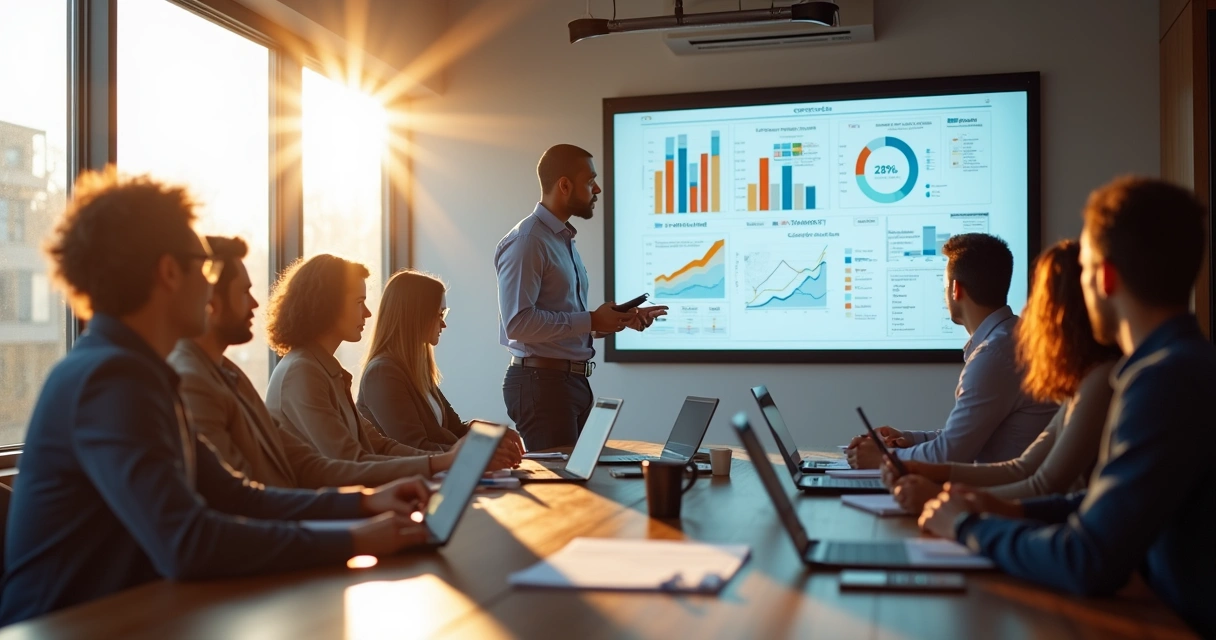 Gestor de agência apresenta metas e planos para equipe em uma sala de reuniões, todos atentos e interagindo 