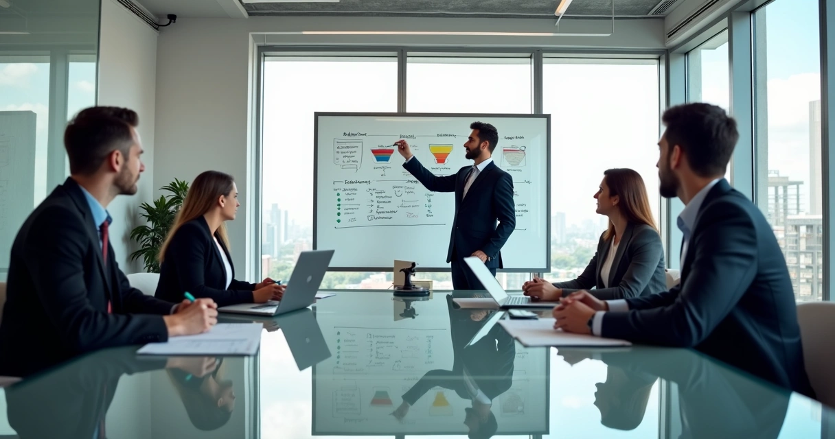 Equipe jurídica em frente a quadro com funil de vendas e metas comerciais 