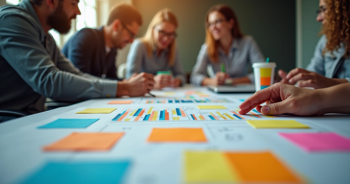 Mesa com papéis, gráficos e pessoas discutindo planejamento comercial 