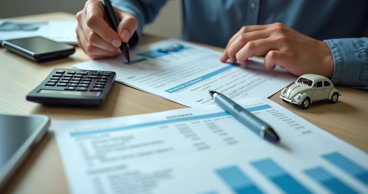 Pessoa planejando compra de carro com calculadora e documentos 