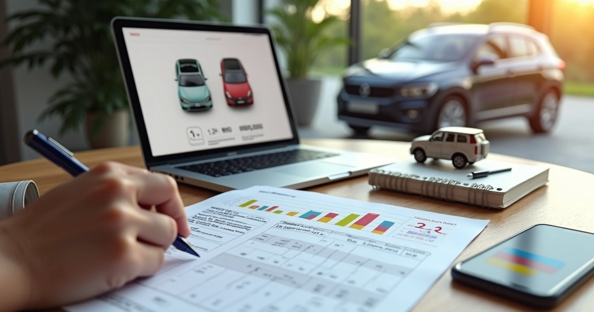 Pessoa analisando finanças e modelos antes de comprar um carro novo 