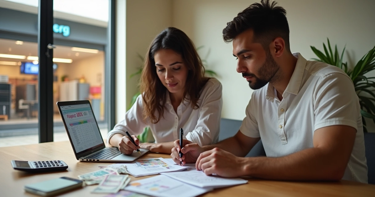 Casal planejando compra maior com planilha e loja ao fundo 
