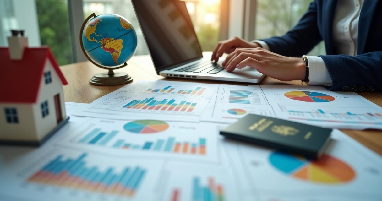 Pessoa analisando documentos e gráficos para planejar compra de imóvel fora do Brasil 