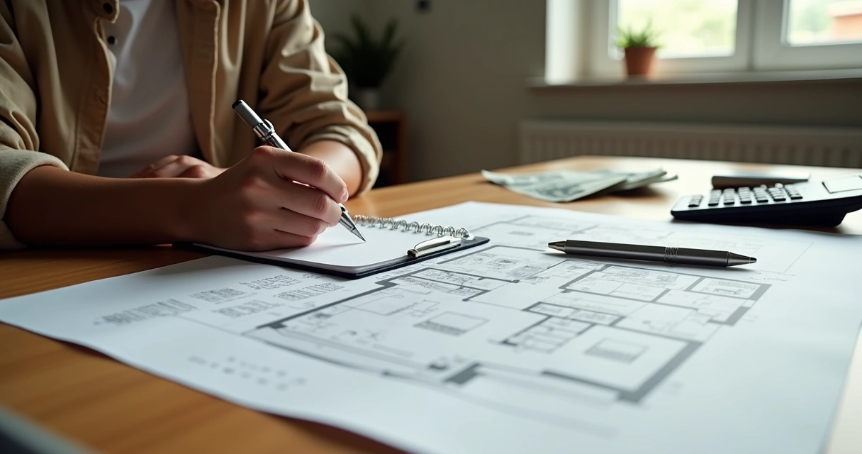 Pessoa fazendo anotações e olhando plantas de uma casa em uma mesa
