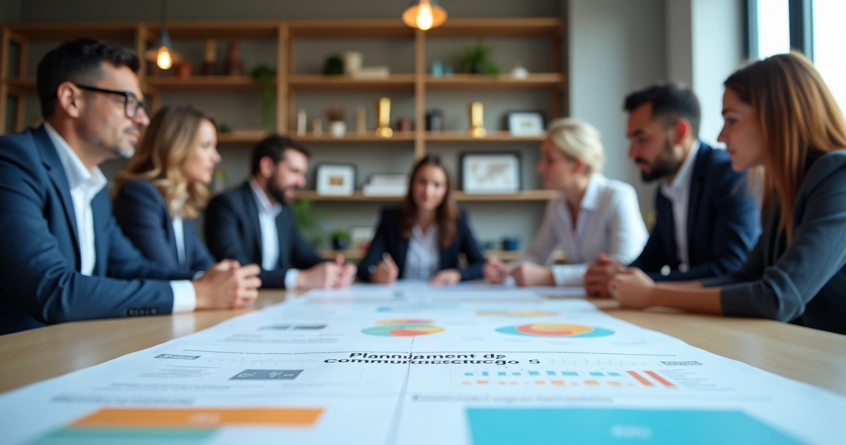 Executivos analisando planejamento de comunicação empresarial