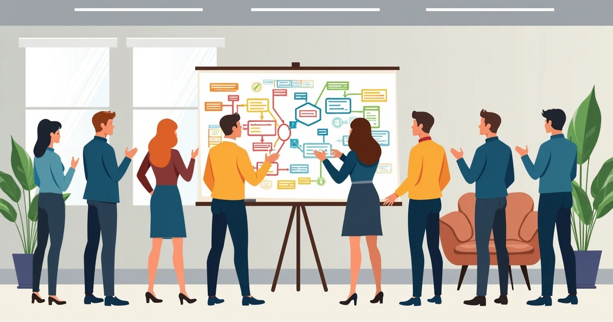 Equipe analisando fluxograma de comunicação em painel 