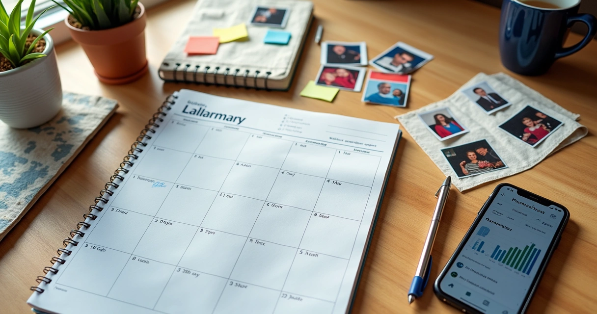 Mesa de trabalho organizada com calendário, celular, anotações e fotos de reuniões políticas