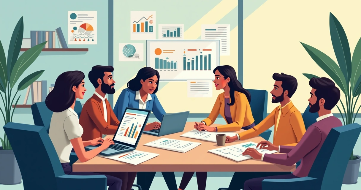 Equipe reunida analisando gráficos de comunicação em sala de reunião