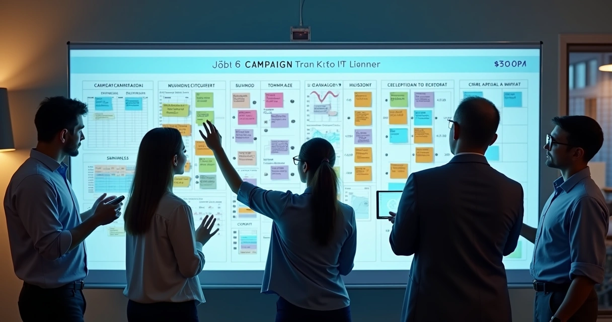 Equipe organizando calendário de campanhas em quadro digital interativo