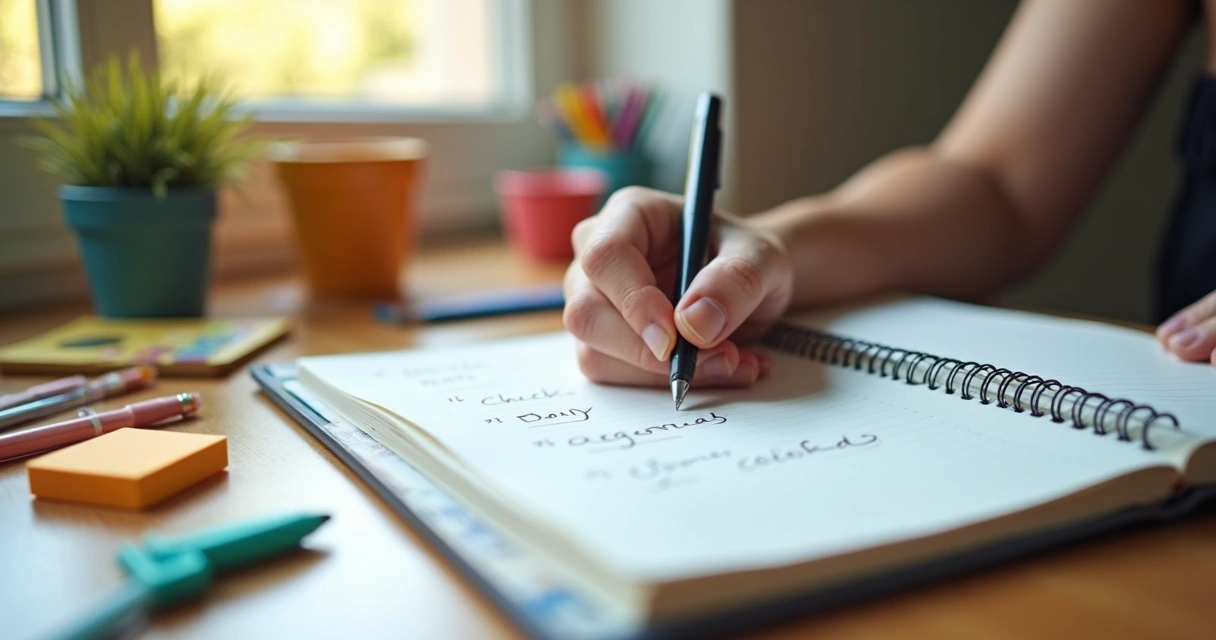 Pessoa escrevendo tarefas em caderno e planejando próximo dia com materiais de papelaria coloridos. 