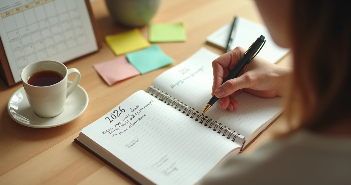 Pessoa escrevendo metas em caderno com luz natural e elementos de organização