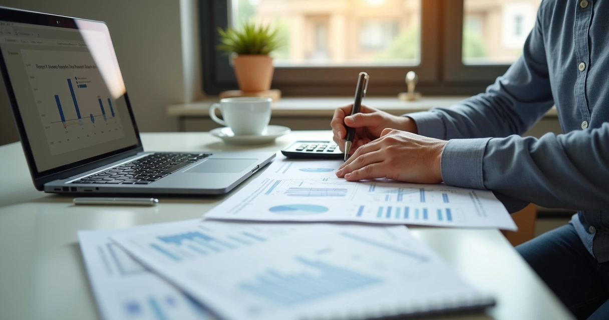 Pessoa analisando parcelas e valor de carta de crédito em mesa com papéis e calculadora 